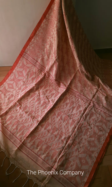 Light Yellow & Dark Pink Khadi Cotton and Jute Silk Saree