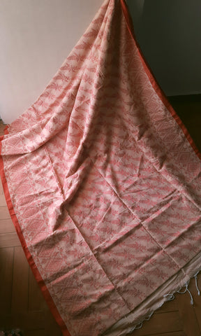 Light Yellow & Dark Pink Khadi Cotton and Jute Silk Saree