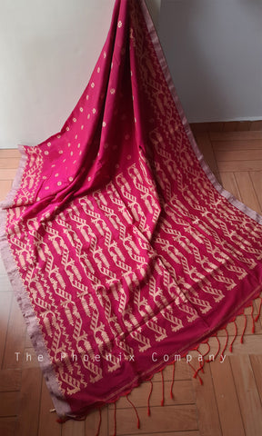 Dark Pink Khadi Cotton Saree with threadwork