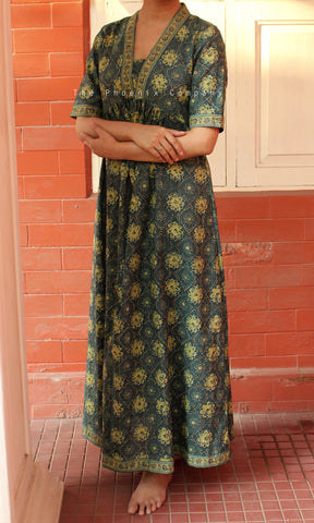 Dark Green Ajrakh print cotton maxi dress