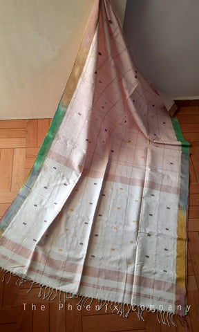 White & Baby Pink Handloom Cotton & Linen Saree