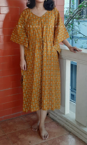 Ochre Yellow Floral Cotton Long Kaftan
