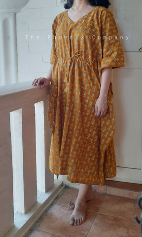 Ochre Yellow Floral Cotton Long Kaftan