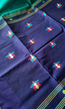 Viridian Green & Navy Blue Cotton Saree
