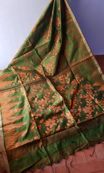 Green Jute Silk Saree with florals