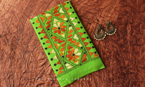 Leaf Green Floral Kantha Work Blouse Piece