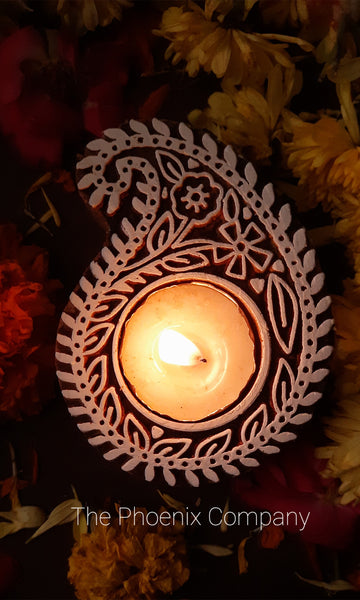 Paisley Hand Carved Wooden Candle Holder