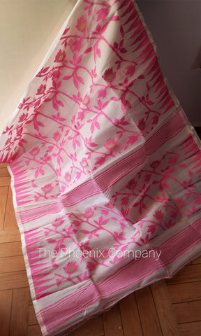 White & Pink Cotton Saree
