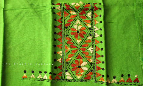 Leaf Green Floral Kantha Work Blouse Piece