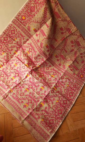 Biscuit & Dark Pink Cotton Saree