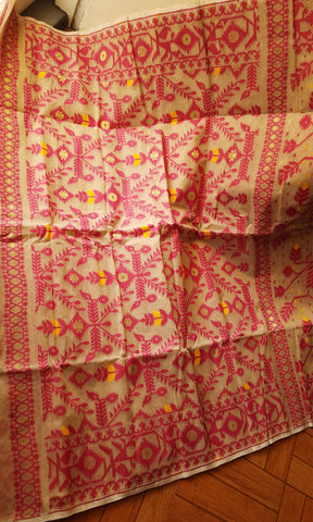 Biscuit & Dark Pink Cotton Saree