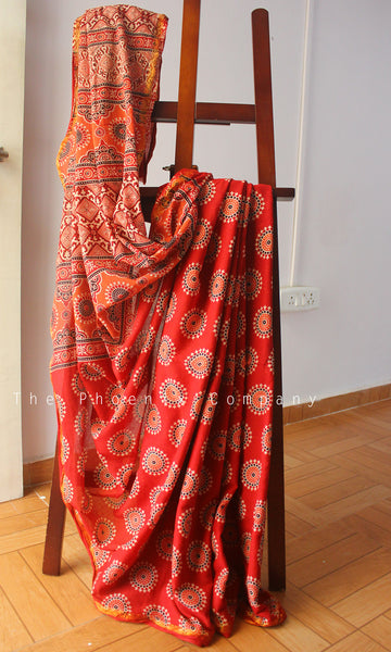 Dark Red Ajrakh Cotton Saree w/ Gold Zari Border