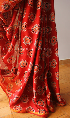 Dark Red Ajrakh Cotton Saree w/ Gold Zari Border