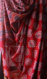 Dark Red Ajrakh Cotton Saree w/ Gold Zari Border