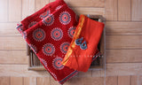 Dark Red Ajrakh Cotton Saree w/ Gold Zari Border