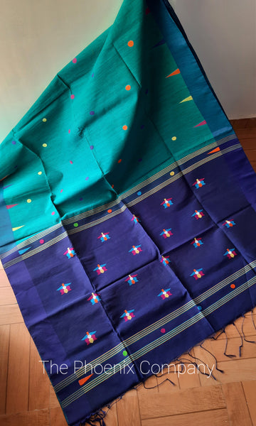 Viridian Green & Navy Blue Cotton Saree