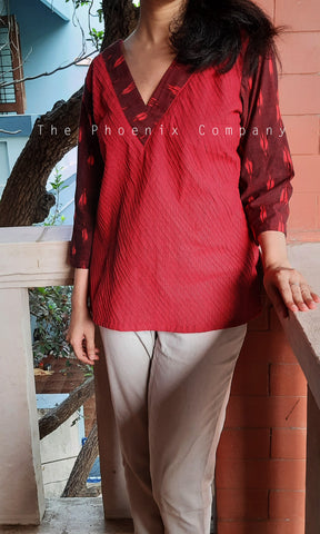 Red Pintuck Cotton & Maroon Ikat Top