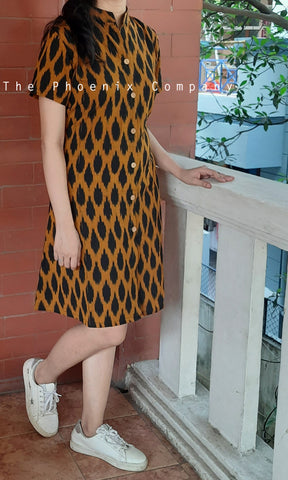 Black & Mustard Ikat Collared Dress