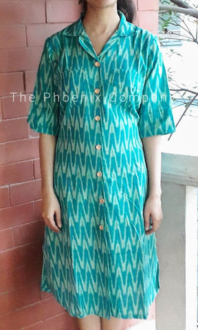 Teal Green Collared Ikat Dress