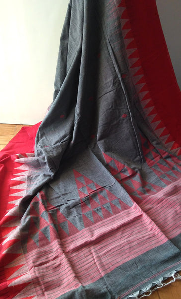 Grey & Red Soft Cotton Saree