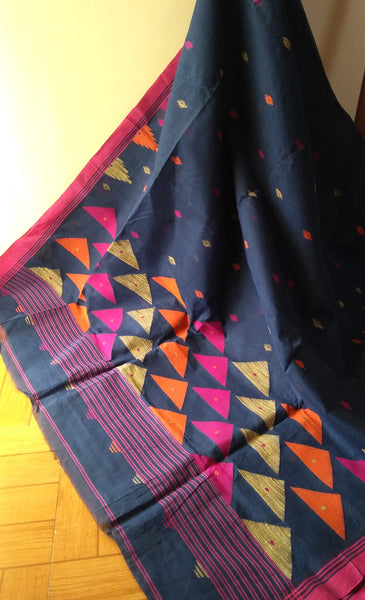 Dark Blue with Pink border Cotton Saree