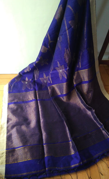 Deep Blue Banana & Pineapple Fibre Floral Saree