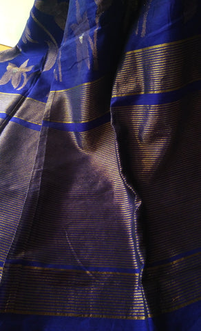 Deep Blue Banana & Pineapple Fibre Floral Saree