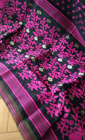 Black & Pink Floral Cotton Saree