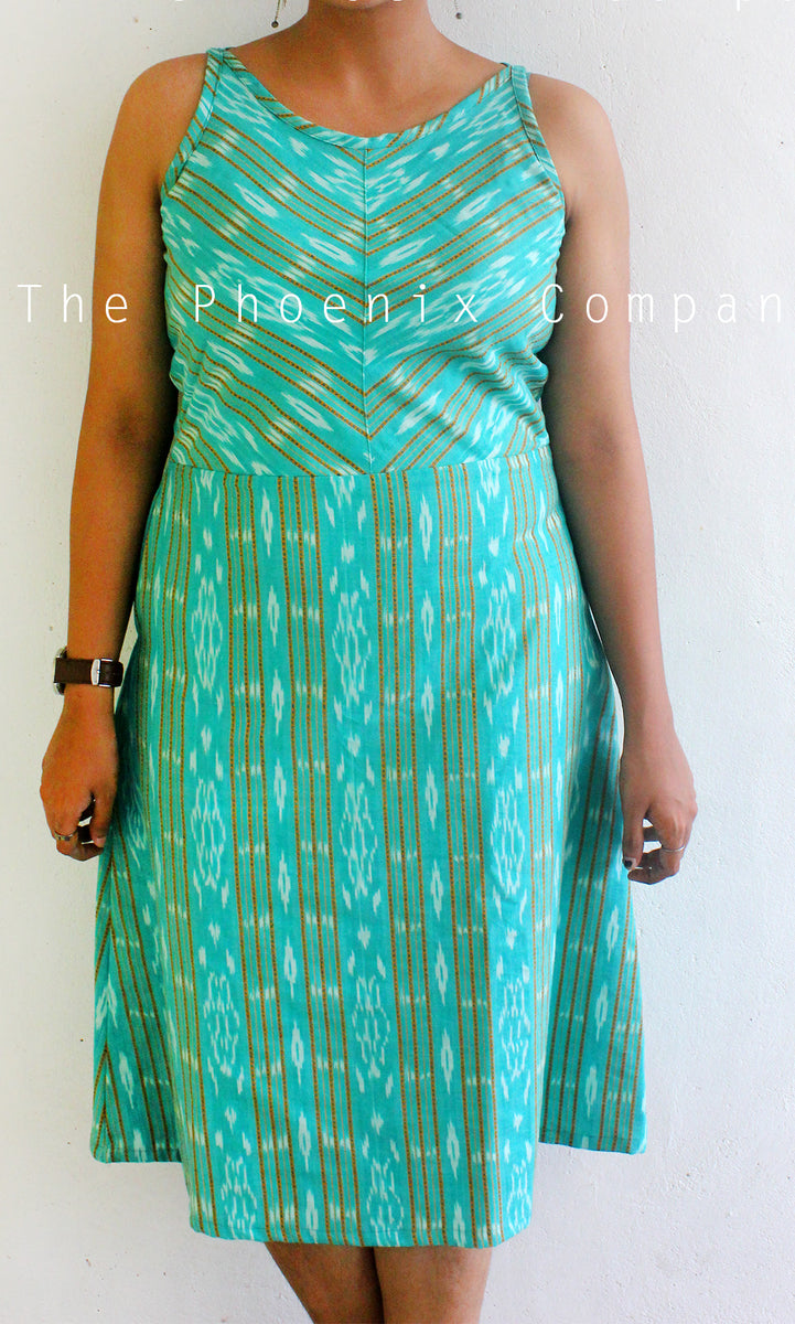 Leaf Green Cotton Dress with Kalamkari border Leaf Green Cotton Dress with  Kalamkari border