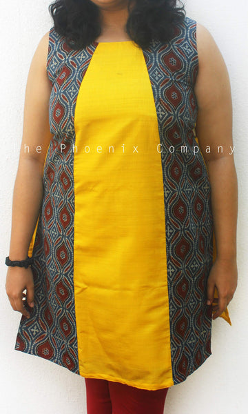 Yellow Kurta With Ajrakh Patchwork