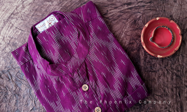Magenta & White Ikat Cotton Short Kurta