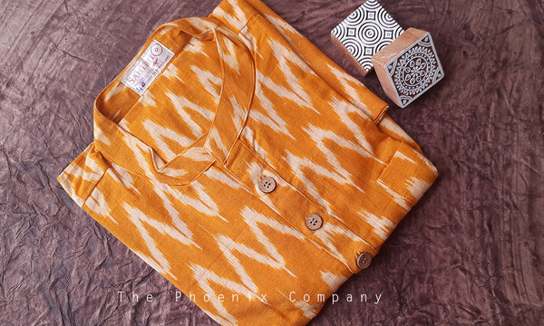 Mustard & White Ikat Cotton Short Kurta