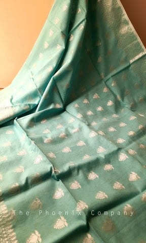 Teal Green with silver threadwork Jute silk Saree