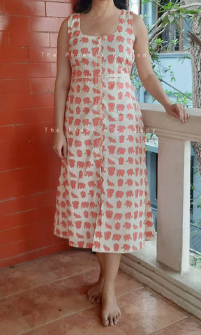 Off-white with Peach Elephant Print Cotton Dress