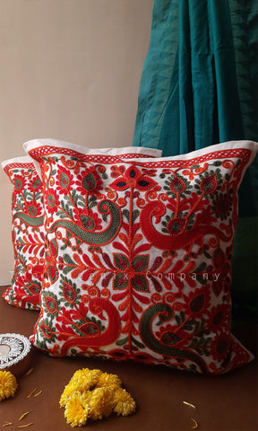 Peacock Floral Embroidered Cushion Covers