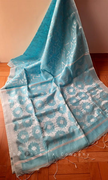 Light Blue with silver threadwork Jute silk & Tissue Saree