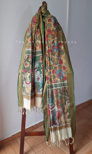 Ochre Yellow Floral Cotton Kalamkari Dupatta