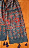 Blue Ajrakh Stole with Red Flowers