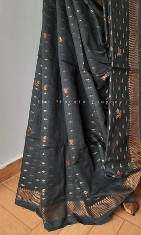 Black w/bronze threadwork Jute Silk Saree