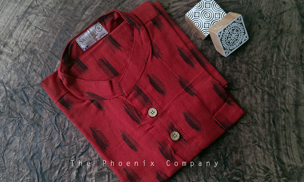 Red & Black Ikat Cotton Short Kurta