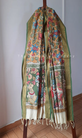 Ochre Yellow Floral Cotton Kalamkari Dupatta