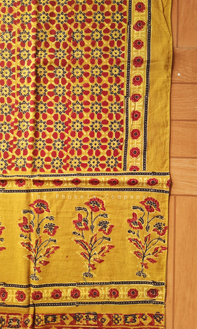 Ochre Yellow Ajrakh Stole with Red Floral Patterns