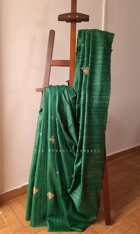 Bottle Green Ahimsa Tussar Silk Saree w/floral motifs