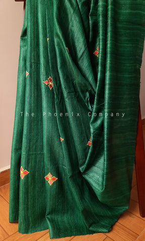 Bottle Green Ahimsa Tussar Silk Saree w/floral motifs