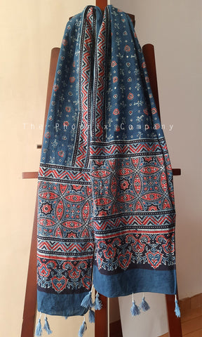 Blue Ajrakh Stole with Red paisley motifs