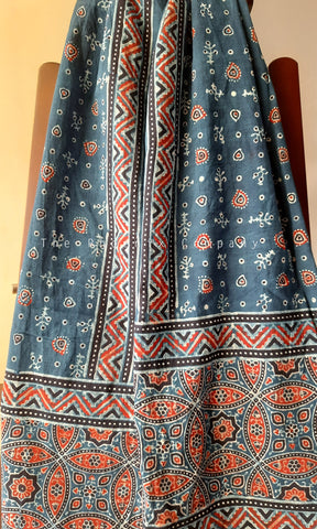Blue Ajrakh Stole with Red paisley motifs