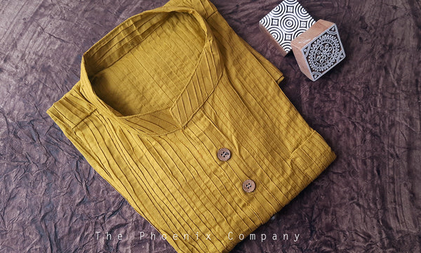 Mustard Pintuck Cotton Short Kurta