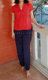 Red Organic Linen Collared Top