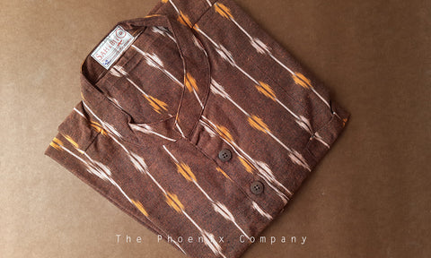 Brown & mustard Ikat Cotton Short Kurta