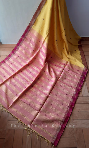 Yellow & Pink Handloom Maheshwari Cotton Saree